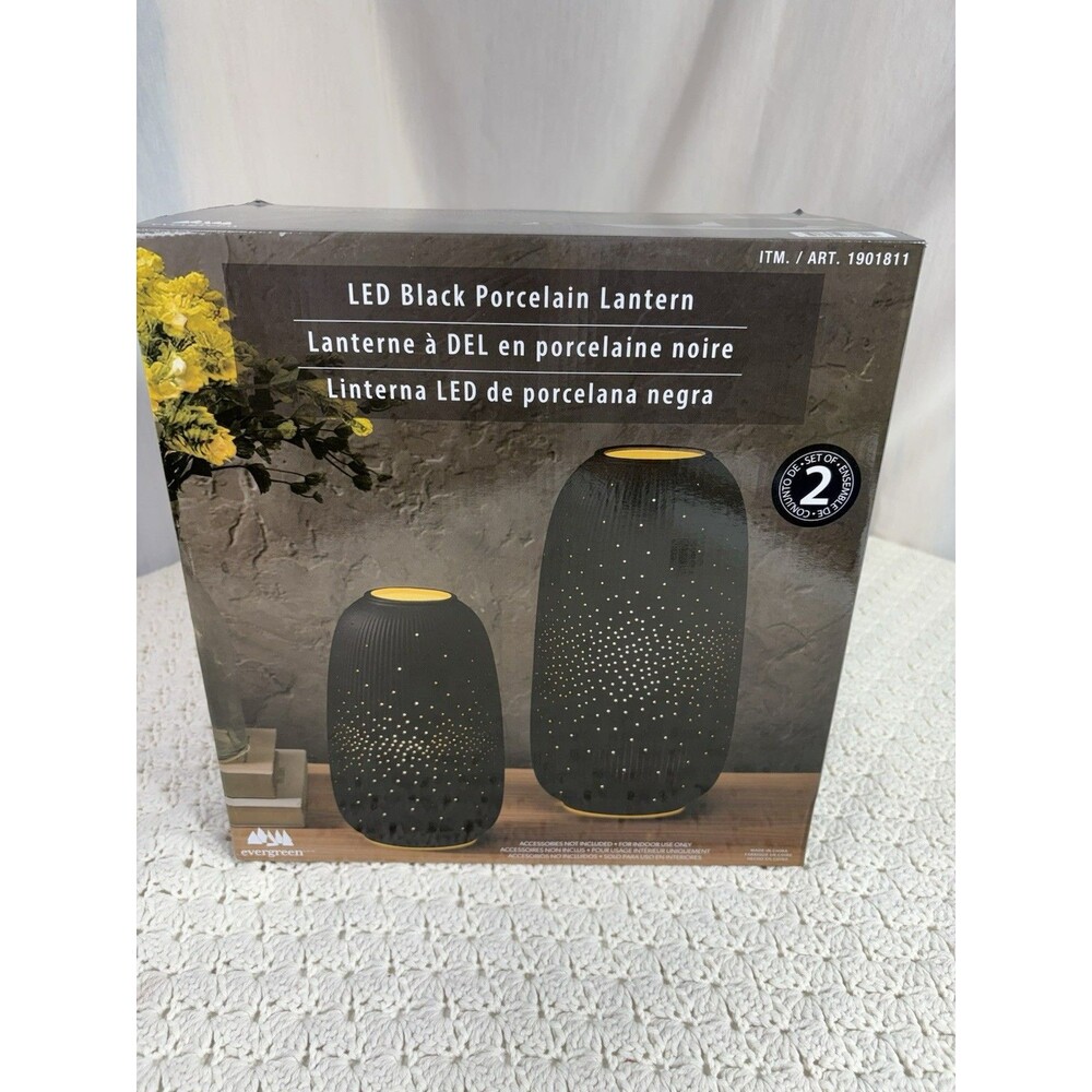 Evergreen LED Porcelain Lantern Set of 2 – Decorative Indoor/Outdoor.